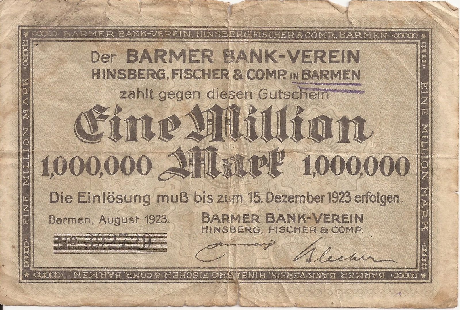 Аверс банкноты 1000000 Mark Barmer Bank-Verein (Германия) 1923 года