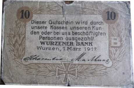 Аверс банкноты 10 fenigów Wurzener Bank (Niemcy) 1917