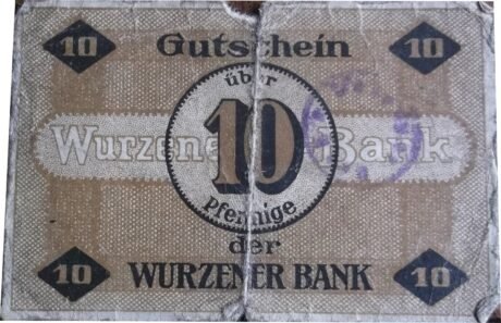 Реверс банкноты 10 fenigów Wurzener Bank (Niemcy) 1917
