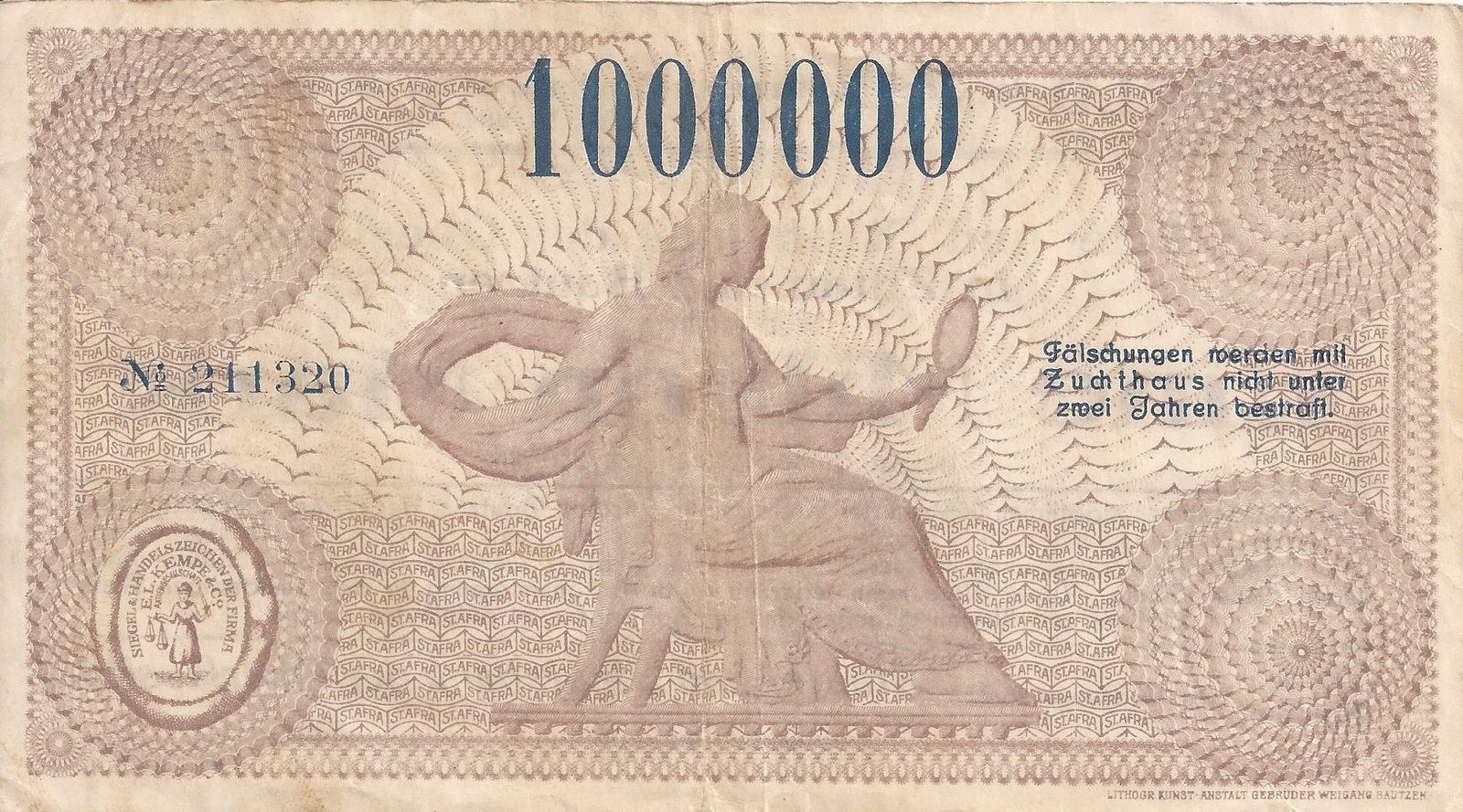 Реверс банкноты 1000000 Mark (Германия) 1923 года