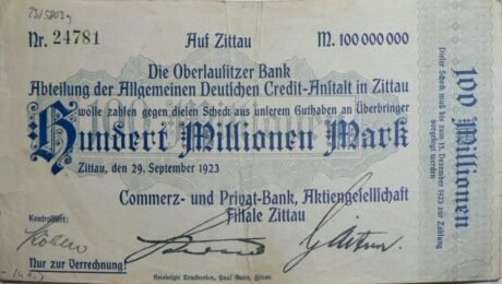 Аверс банкноты 100000000 Mark Commerz- und Privat-Bank (Германия) 1923 года