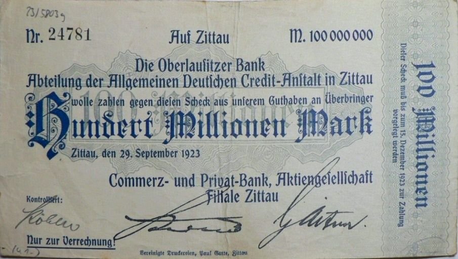 Аверс банкноты 100000000 Mark Commerz- und Privat-Bank (Германия) 1923 года