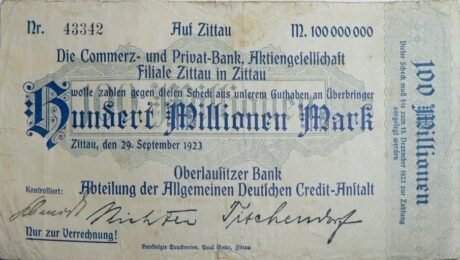 Аверс банкноты 100000000 Mark Oberlausitzer Bank (Niemcy) 1923