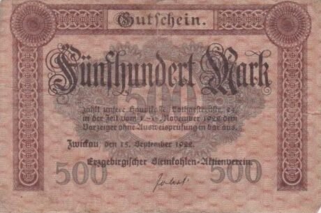 Аверс банкноты 500 Mark Erzgebirgischer Steinkohlen-Aktienverein (Niemcy) 1922