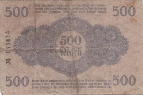 Реверс банкноты 500 Mark Erzgebirgischer Steinkohlen-Aktienverein (Niemcy) 1922
