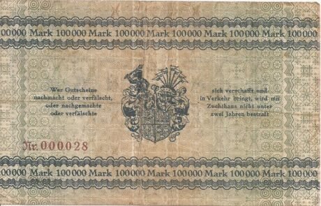 Реверс банкноты 100000 Mark (Германия) 1923 года