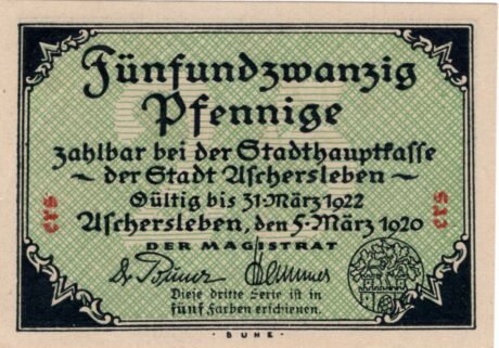 Аверс банкноты 25 fenigów (Niemcy) 1920