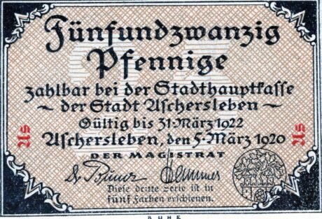 Аверс банкноты 25 fenigów (Niemcy) 1920