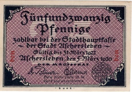 Аверс банкноты 25 fenigów (Niemcy) 1920