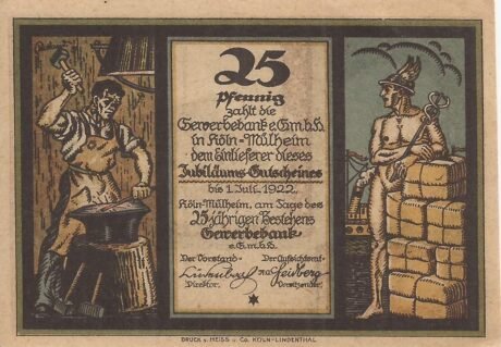 Аверс банкноты 25 fenigów Gewerbebank Köln-Mülheim (Niemcy)