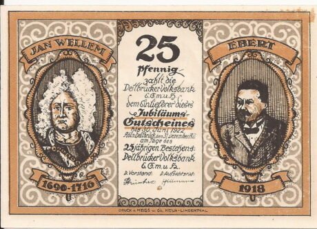 Аверс банкноты 25 fenigów Dellbrücker Volksbank (Niemcy) 1921