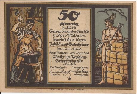 Аверс банкноты 50 fenigów Gewerbebank Köln-Mülheim (Niemcy)