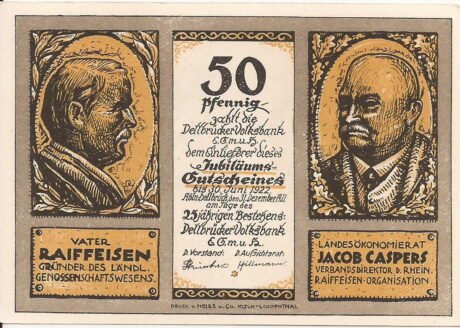 Аверс банкноты 50 fenigów Dellbrücker Volksbank (Niemcy) 1921