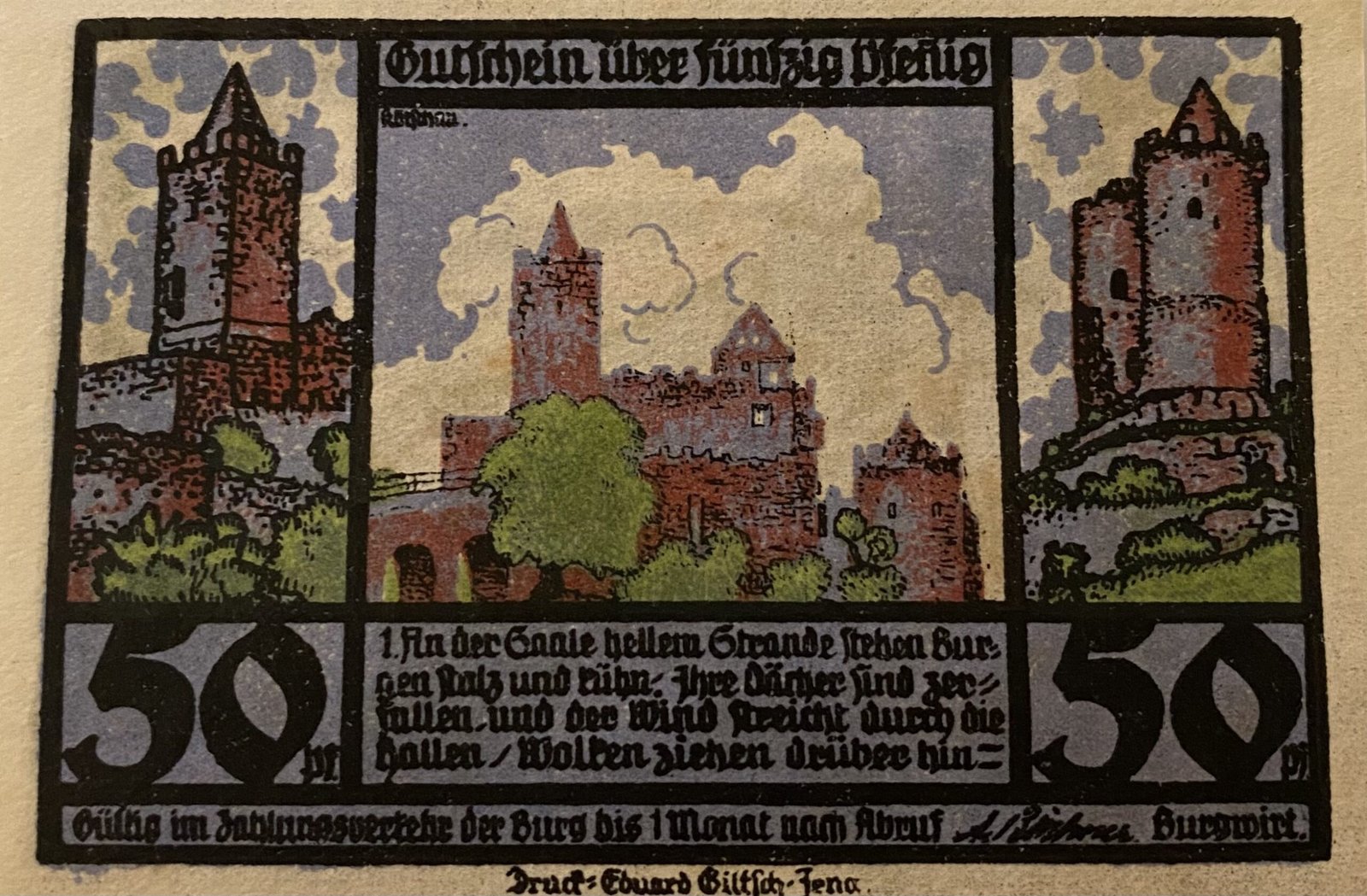Аверс банкноты 50 пфеннигов Rudelsburg (Германия) 1921 года