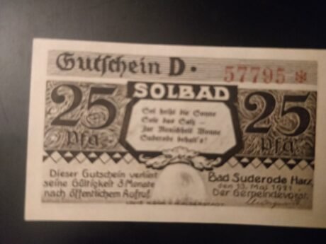 Аверс банкноты 25 fenigów (Niemcy) 1921