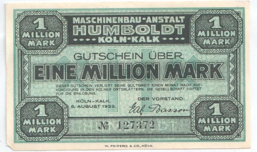 Аверс банкноты 1000000 марок Maschinenbau-Anstalt Humboldt (Германия) 1923 года