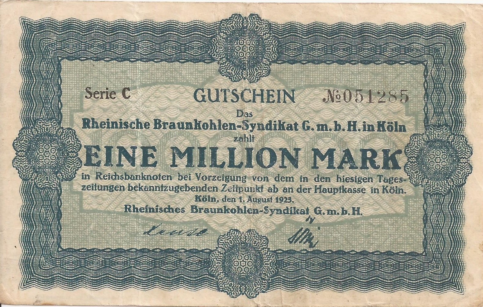 Аверс банкноты 1000000 марок Rheinisches Braunkohlen-Syndikat (Германия) 1923 года