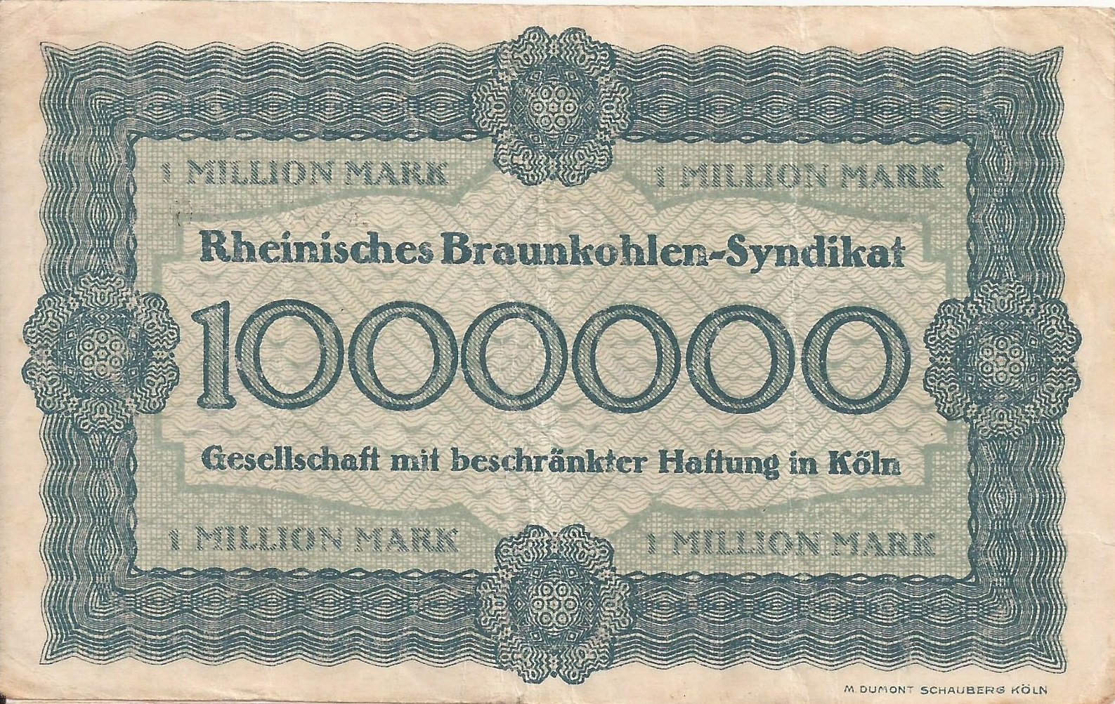 Реверс банкноты 1000000 марок Rheinisches Braunkohlen-Syndikat (Германия) 1923 года