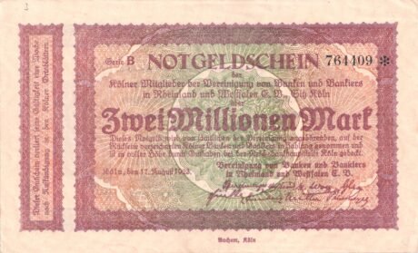 Аверс банкноты 2000000 марок Vereinigung von Banken und Bankiers in Rheinland und Westfalen (Германия) 1923 года