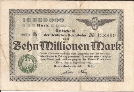 Аверс банкноты 10000000 марок Reichsbahndirektion (Германия) 1923 года