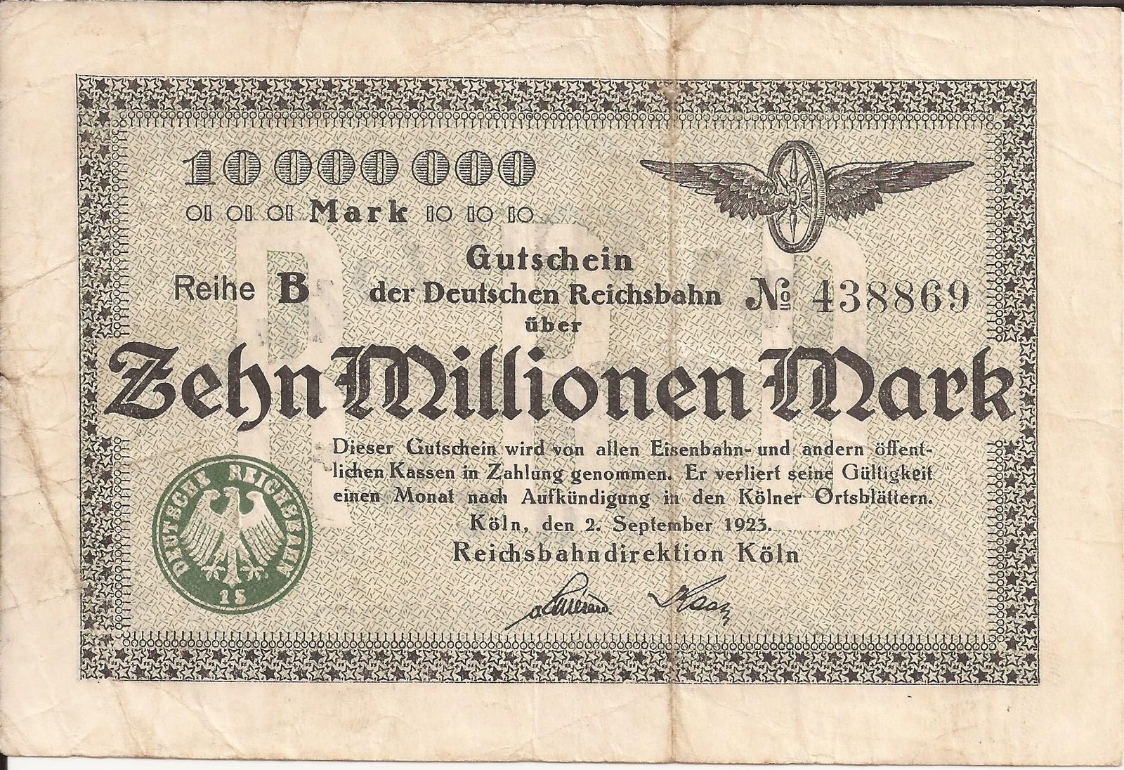 Аверс банкноты 10000000 марок Reichsbahndirektion (Германия) 1923 года