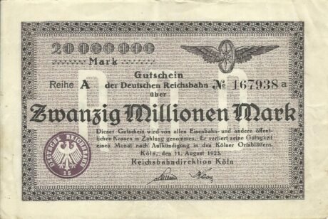 Аверс банкноты 20000000 Reichsbahndirektion (Germany) 1923