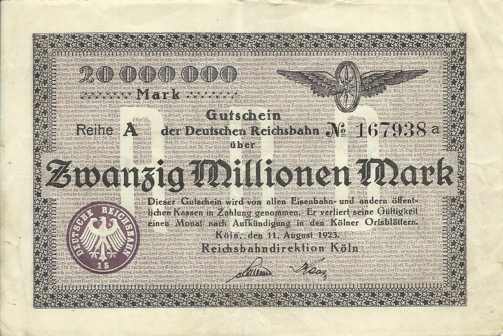 Аверс банкноты 20000000 марок Reichsbahndirektion (Германия) 1923 года