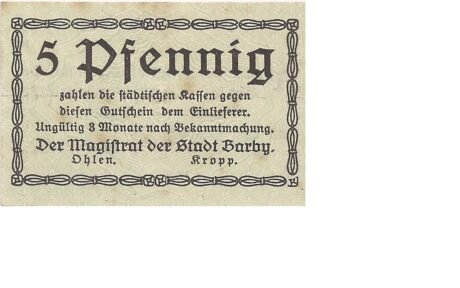 Аверс банкноты 5 fenigów (Niemcy) 1920