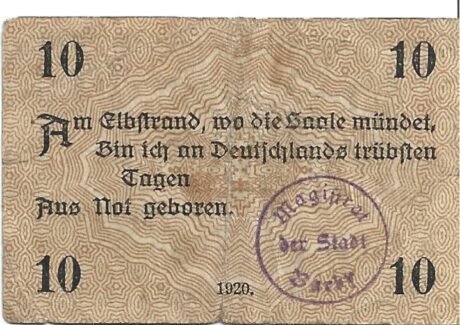 Реверс банкноты 10 fenigów (Niemcy)