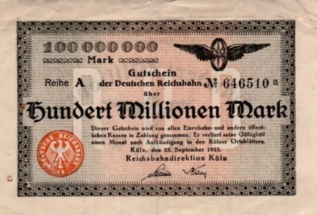 Аверс банкноты 100,000,000 Reichsbahndirektion (Germany) 1923