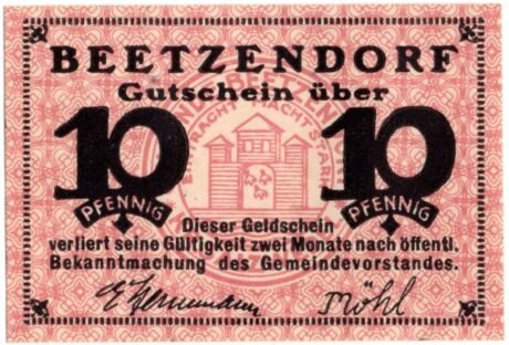 Аверс банкноты 10 fenigów (Niemcy) 1921