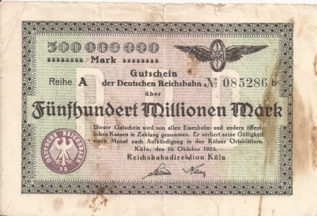 Аверс банкноты 500,000,000 marks Reichsbahndirektion (Germany) 1923