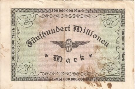Реверс банкноты 500,000,000 marks Reichsbahndirektion (Germany) 1923