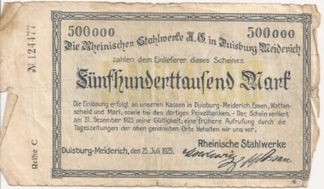 Аверс банкноты 500000 marek Rheinische Stahlwerke (Niemcy) 1923