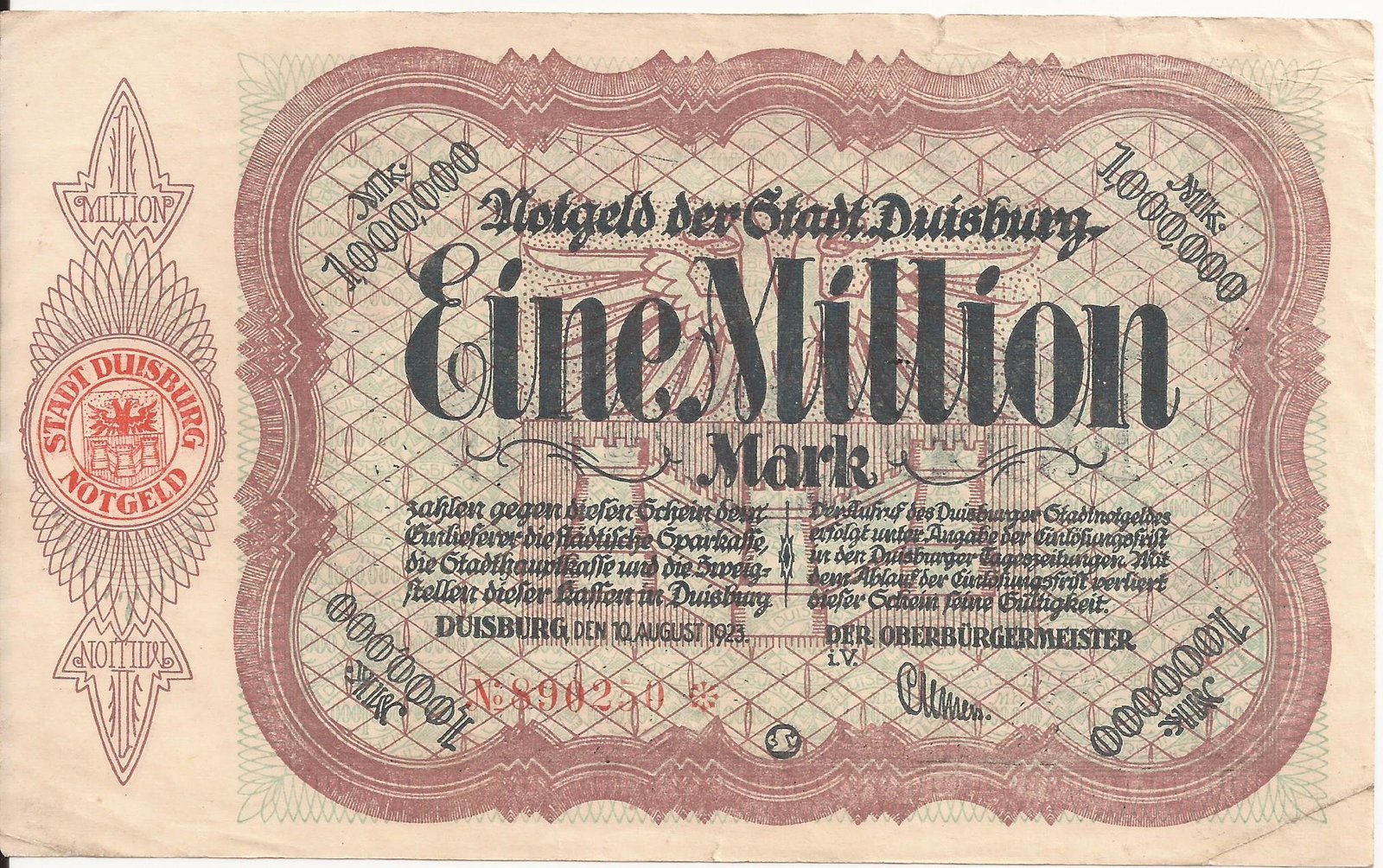 Аверс банкноты 1000000 марок (Германия) 1923 года