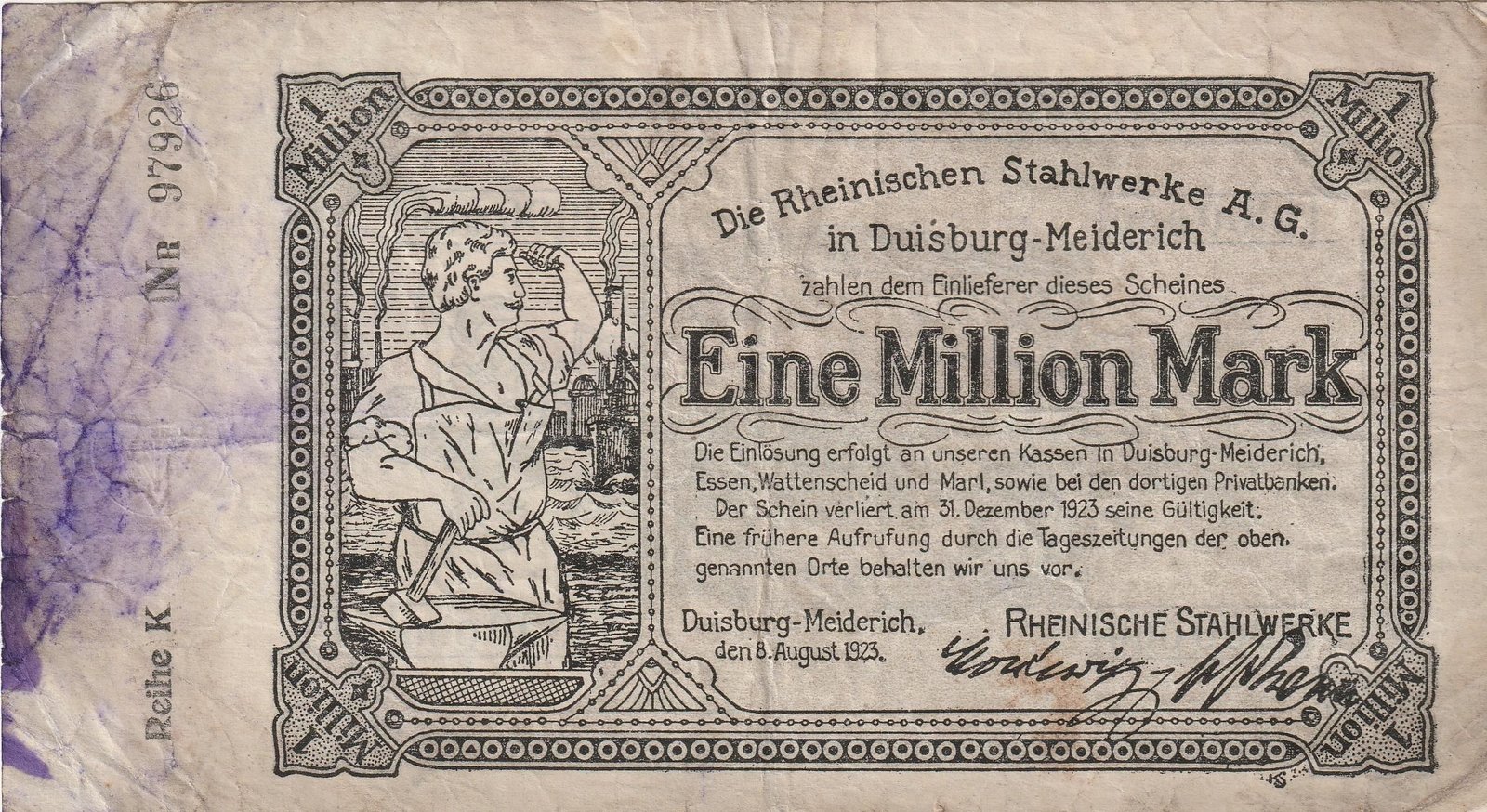 Аверс банкноты 1000000 марок Rheinische Stahlwerke (Германия) 1923 года