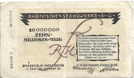 Аверс банкноты 10000000 marek Rheinische Stahlwerke (Niemcy) 1923