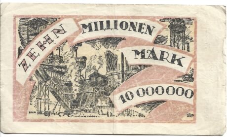Реверс банкноты 10000000 marek Rheinische Stahlwerke (Niemcy) 1923