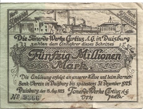 Аверс банкноты 50000000 марок Tonerde-Werke Curtius (Германия) 1923 года