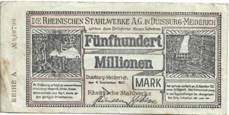 Аверс банкноты 500 000 000 marek Rheinische Stahlwerke (Niemcy) 1923