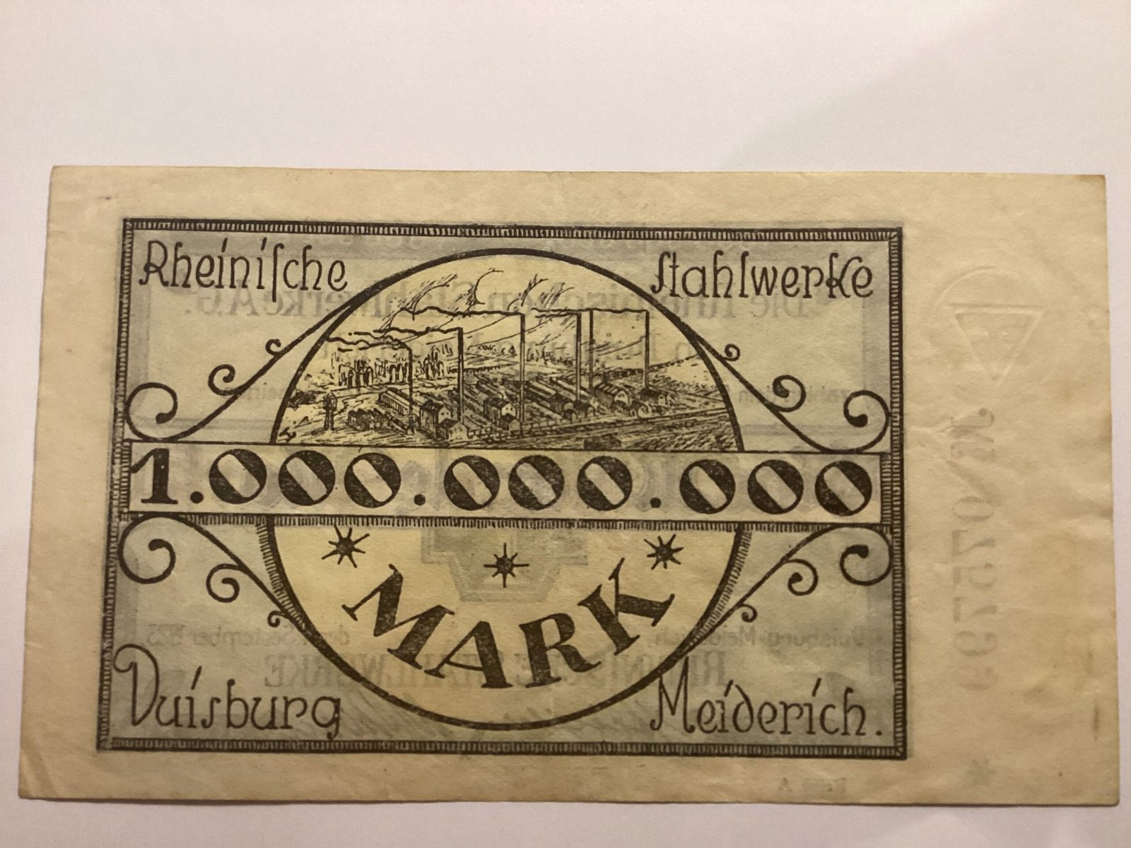 Реверс банкноты 1000000000 марок Rheinische Stahlwerke (Германия) 1923 года