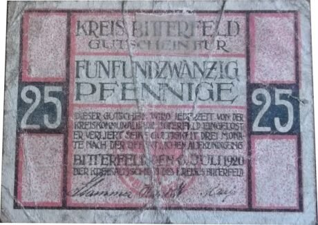 Аверс банкноты 25 fenigów (Niemcy) 1920