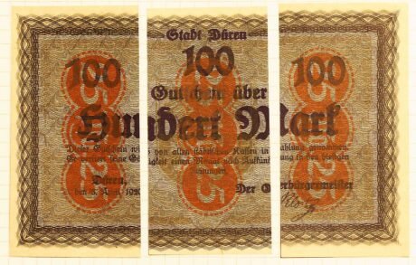 Аверс банкноты 25 fenigów 3 x wyciętych ze 100 marek (Niemcy) 1921