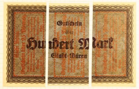 Реверс банкноты 25 fenigów 3 x wyciętych ze 100 marek (Niemcy) 1921