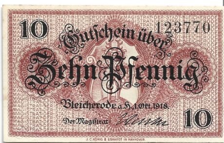 Аверс банкноты 10 fenigów (Niemcy) 1918
