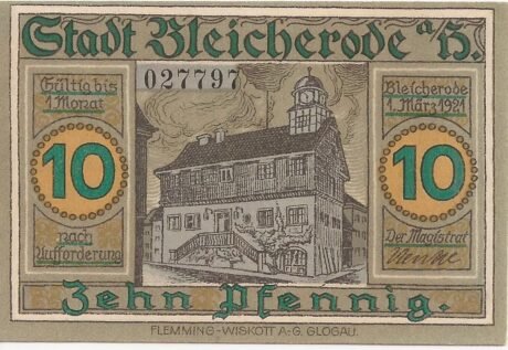 Аверс банкноты 10 fenigów (Niemcy) 1921