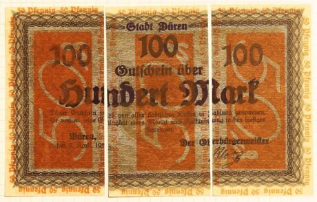 Аверс банкноты 50 fenigów 3 x rozciętych ze 100 marek (Niemcy) 1921