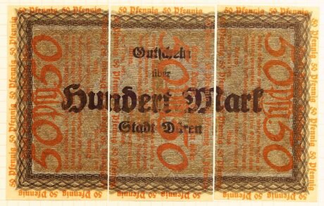 Реверс банкноты 50 fenigów 3 x rozciętych ze 100 marek (Niemcy) 1921