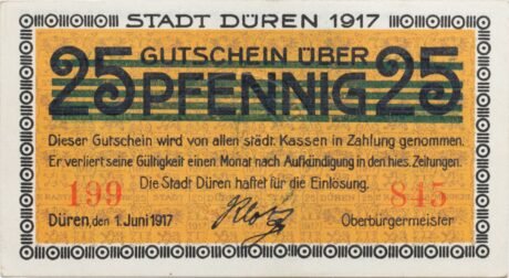 Аверс банкноты Nadruk 5 marek na 25 fenigach (Niemcy) 1917