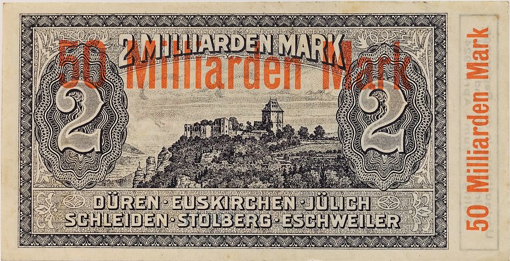 Реверс банкноты 50000000000 марок overstamp on 2000000000 марок (Германия) 1923 года